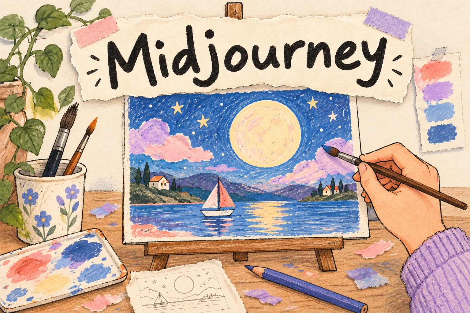 Midjourney: มือวาดภาพเรือและดวงจันทร์บนผืนผ้าใบ
