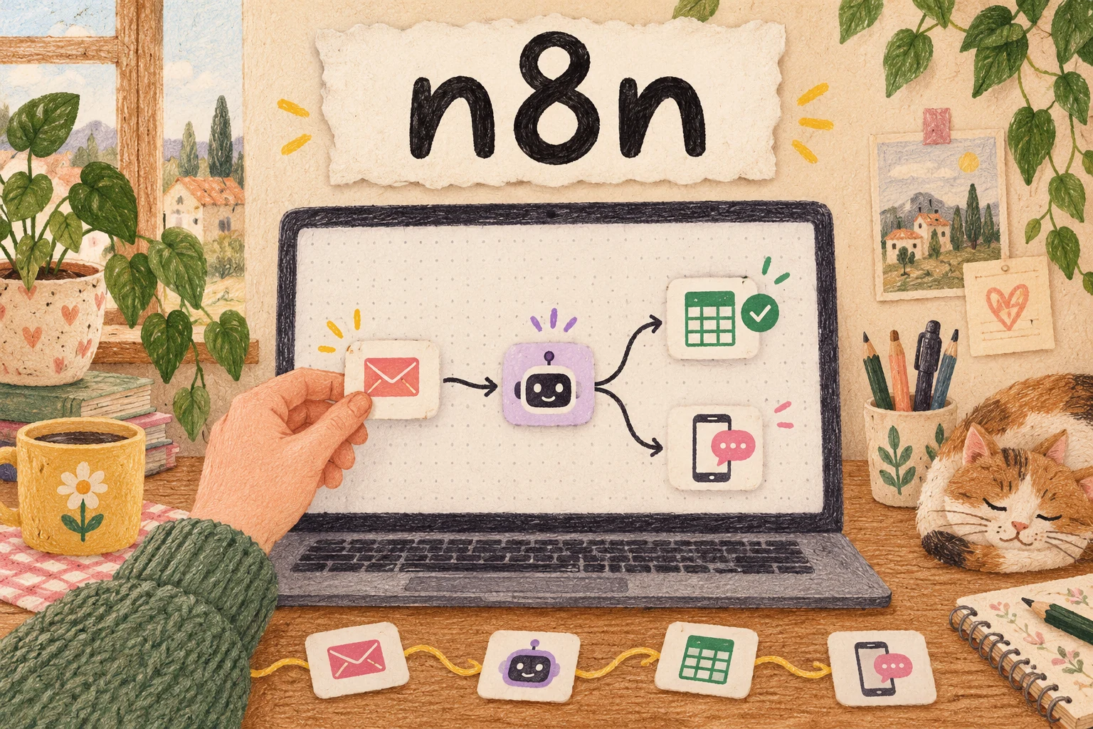 n8n: ลากโหนดเชื่อมอีเมล ผู้ช่วย AI ตารางข้อมูล และข้อความแจ้งเตือนให้ทำงานอัตโนมัติ