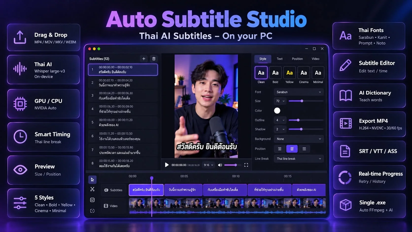 Auto Subtitle Studio โปรแกรมทำซับไตเติลภาษาไทยด้วย AI บนคอมพิวเตอร์ พร้อมฟีเจอร์หลัก เช่น ลากวางวิดีโอ สไตล์ซับ 5 แบบ และส่งออก MP4, SRT, VTT, ASS